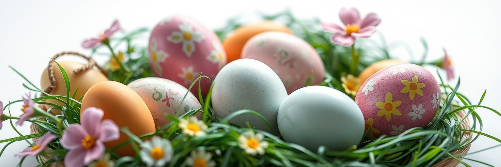 Colorful Easter eggs nestled in a floral green nest decorated in a spring setting